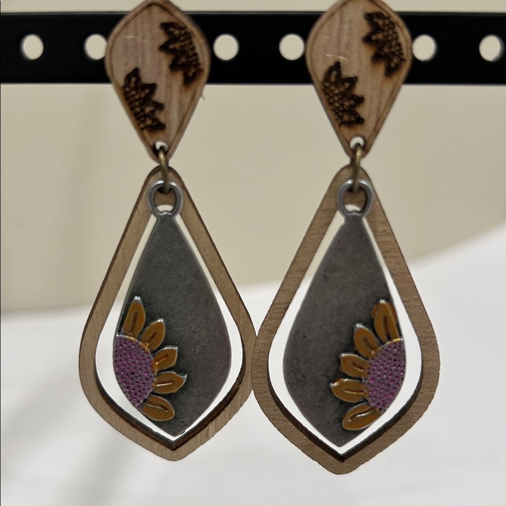 Wooden Sunflower Drop Earrings